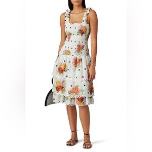 Farm Rio Nanaju Smocked Swiss Polka Dot Scalloped Hem Floral Cotton Midi Dress